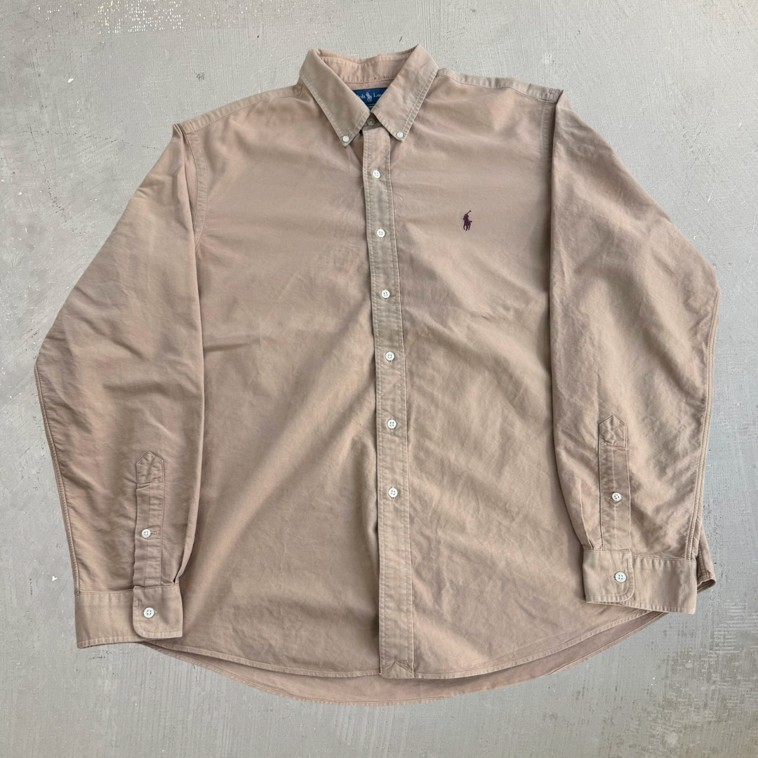 Vintage 90s Polo RL Embroidered Logo Khaki Button Down Shirt - 2XL