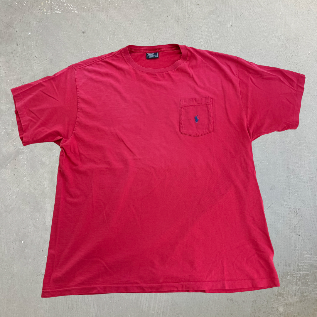 J- Vintage Polo RL Embroidered Logo Made In USA Single Stitch Pocket Red Tee - L