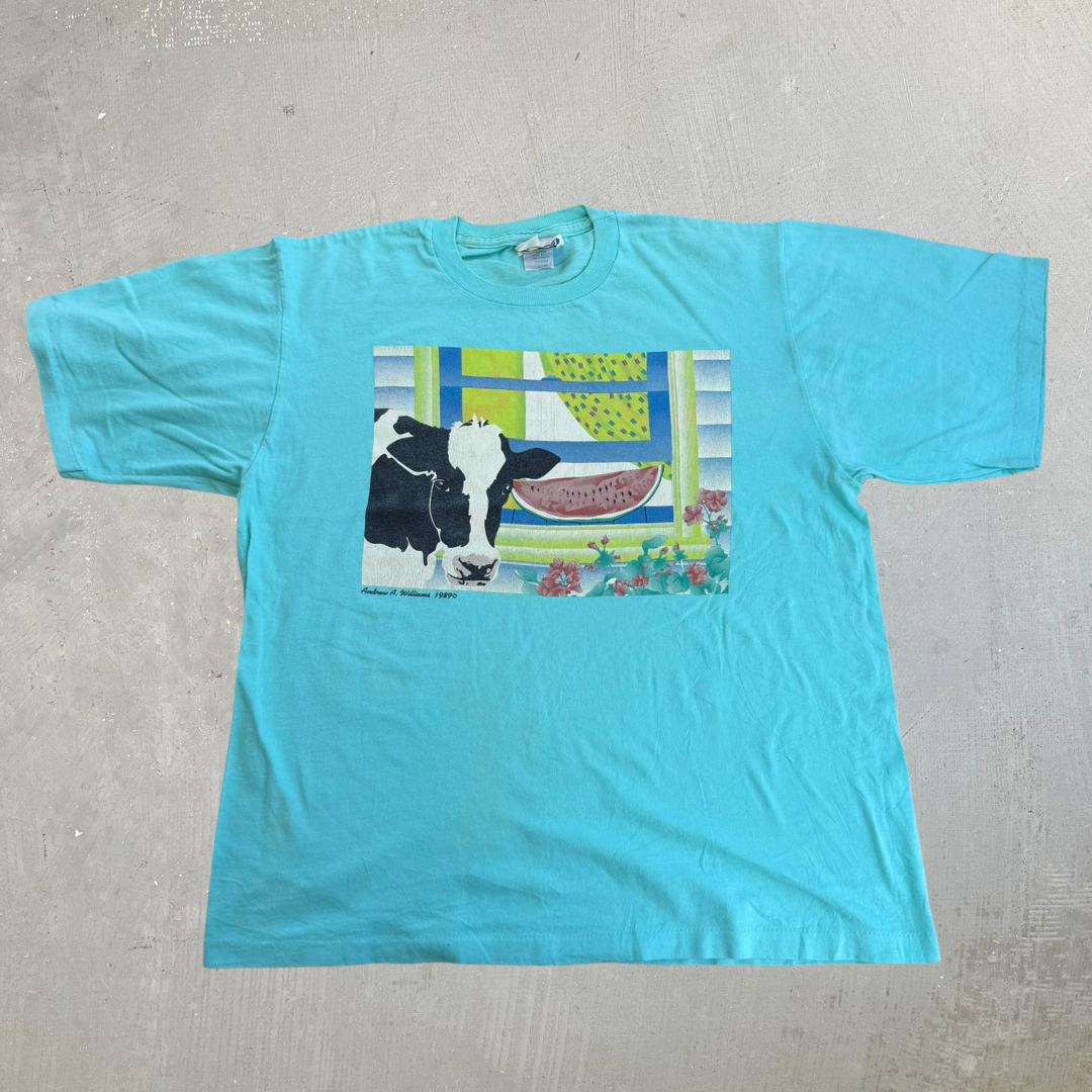 J- Vintage '89 Andrew Williams Cow & Watermelon Graphic Single Stitch Tee - L
