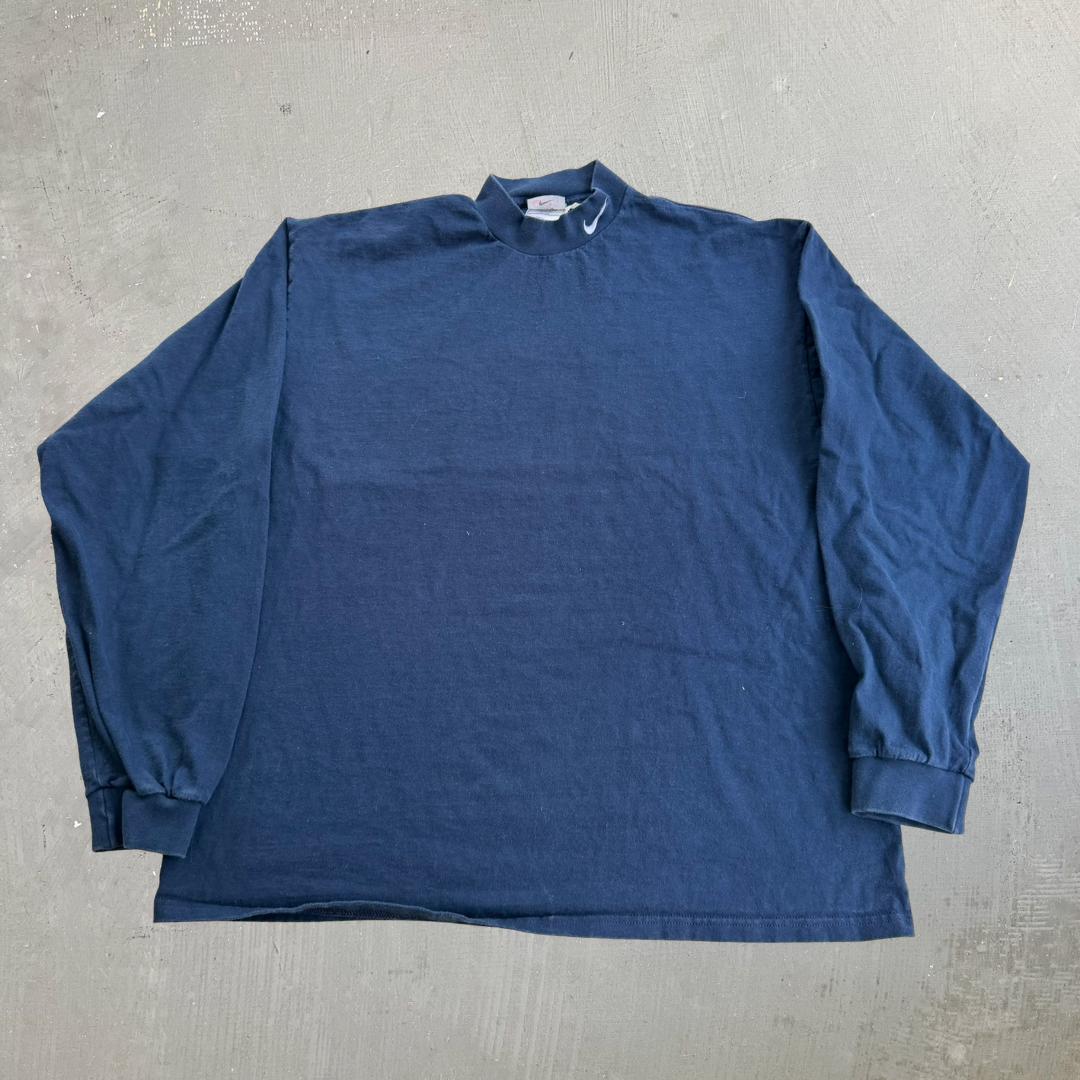 J- Vintage 90s Nike Embroidered Swoosh Neckline Made In USA Long Sleeve Tee - XL