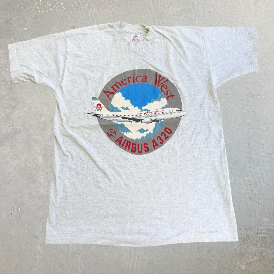 J- Vintage '93 America West Airline 10th Anniversary Airbus A320 Graphic Made In USA Single Stitch Tee - XL