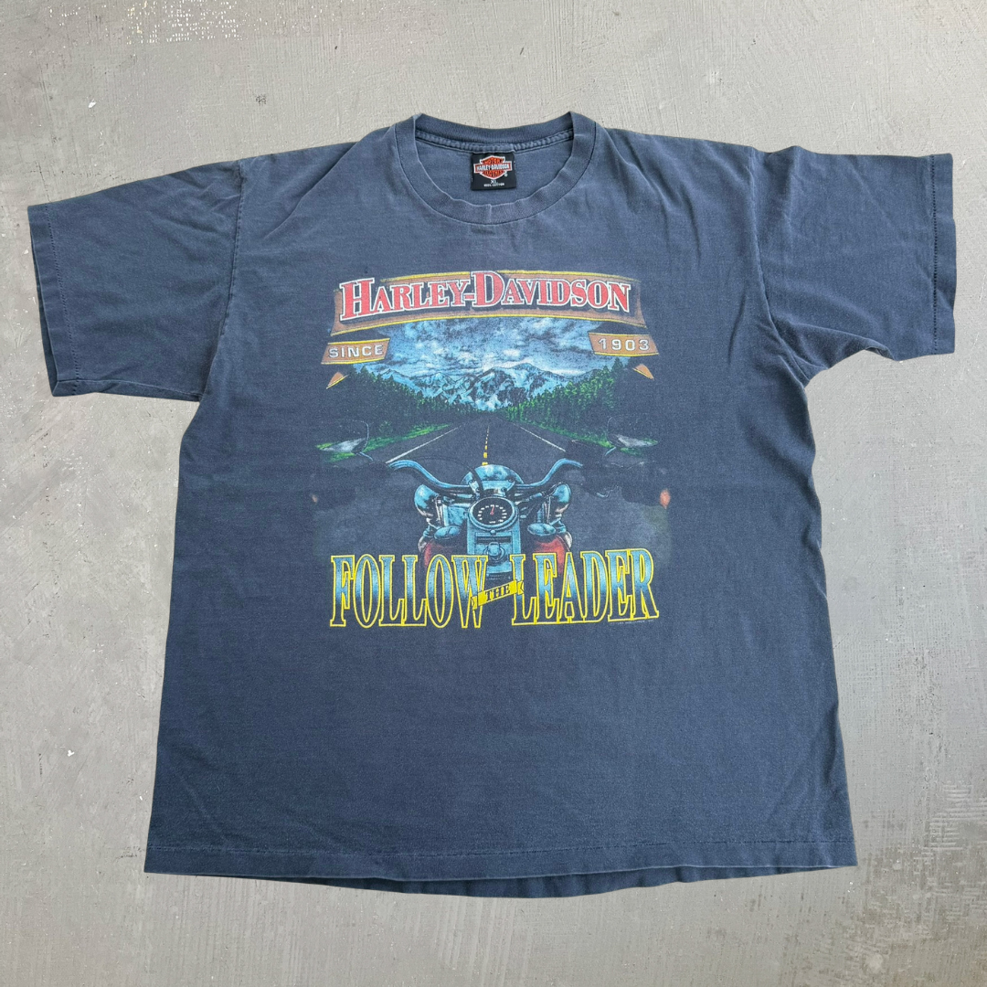 J- Vintage '93 Harley Davidson Honolulu Follow The Leader Graphic Made In USA Single Stitch Tee - XL