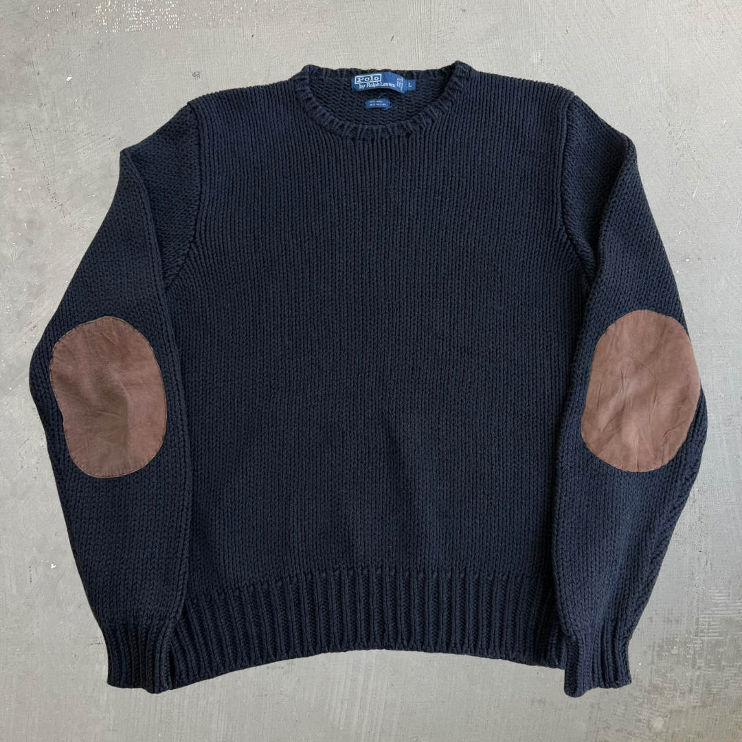 J- Vintage 90s Polo RL Leather Elbow Black Wool Knit Sweater - L