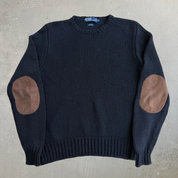 J- Vintage 90s Polo RL Leather Elbow Black Wool Knit Sweater - L