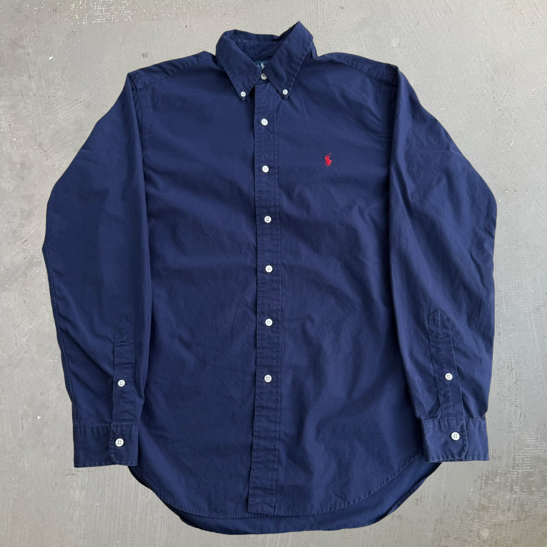 Vintage 90s Polo RL Embroidered Logo Navy Button Down Shirt - M