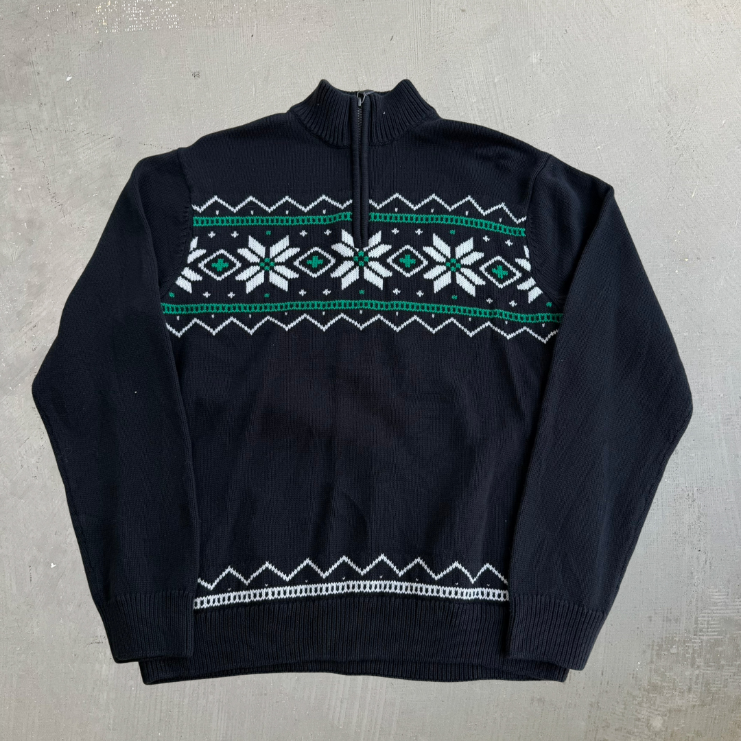 J- Vintage Chaps RL Patterned Black Quarter Zip Knit Sweater - L