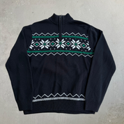 J- Vintage Chaps RL Patterned Black Quarter Zip Knit Sweater - L