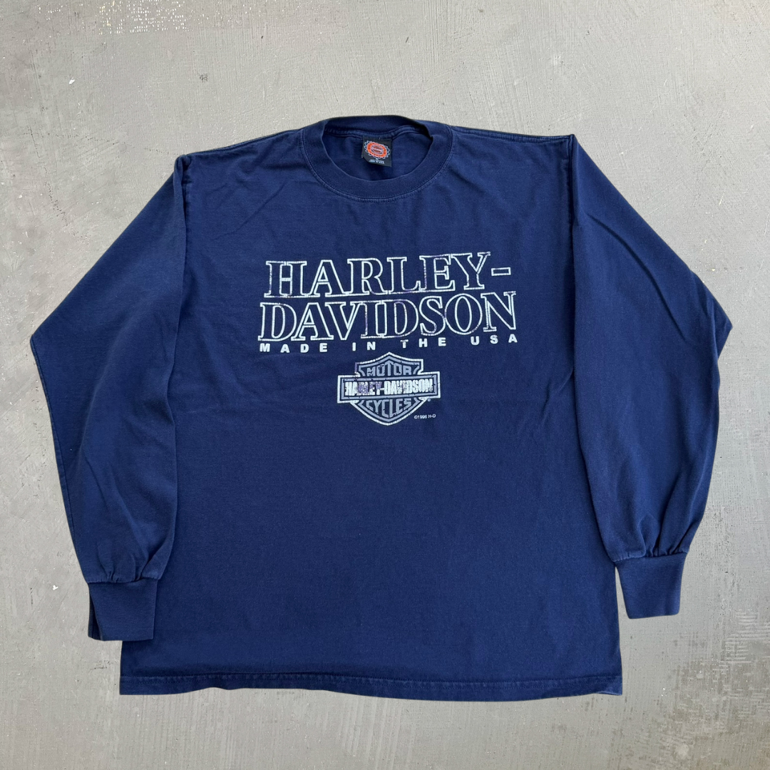 J- Vintage '96 Harley Davidson Made In USA Text Long Sleeve Tee - M