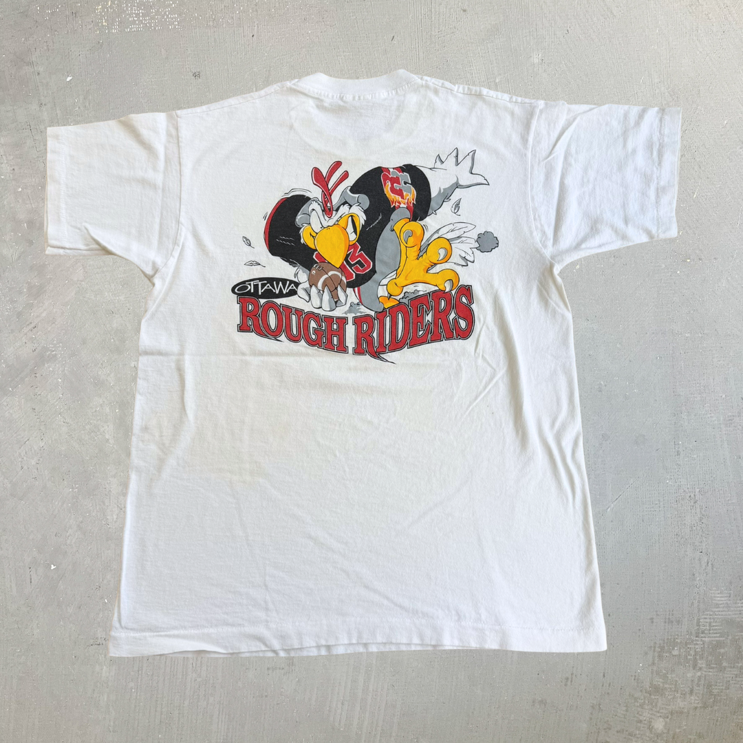 J- Vintage '93 Ottawa Rough Riders CFL Old Logo & Graphic Single Stitch Tee - L