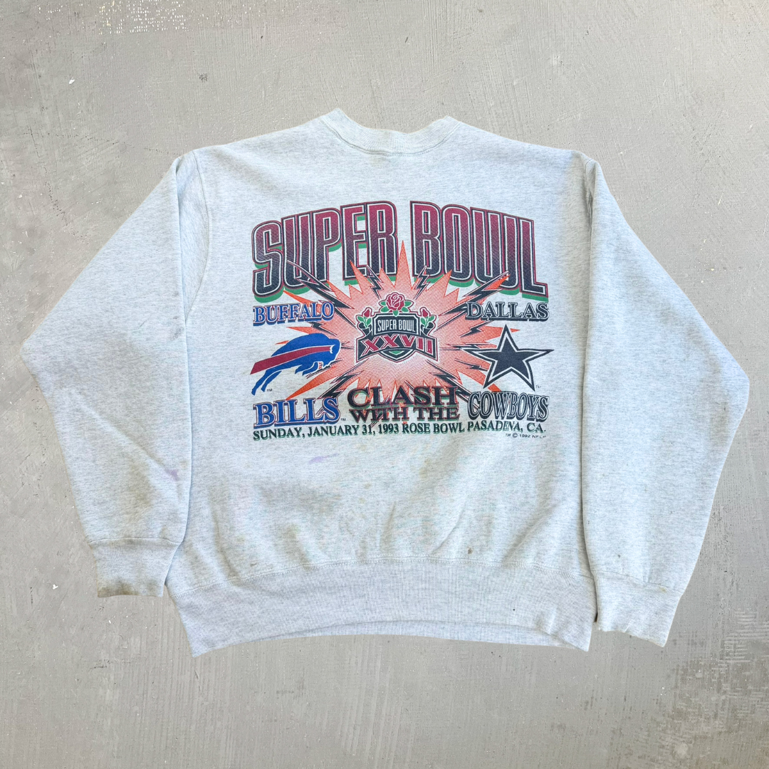 J- Vintage '93 NFL Super Bowl 27 Bills Clash With The Cowboys Graphic Made In USA Crewneck - L