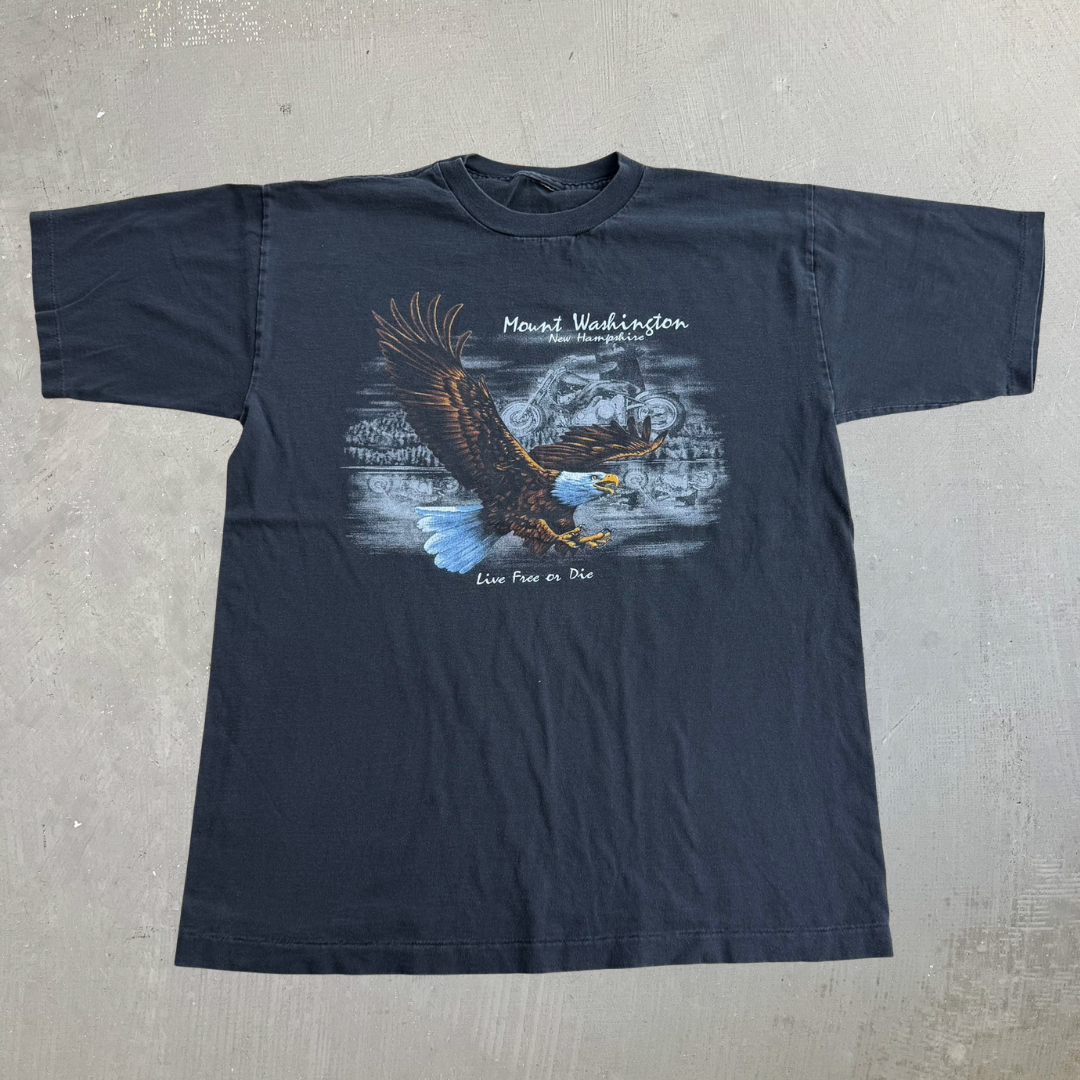J- Vintage 90s Mount Washington Eagle & Motorcycle Live Free Or Die Graphic Single Stitch Tee - L