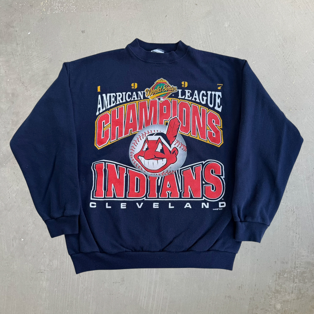 Vintage '97 Cleveland Guardians MLB American League Champions Graphic Made In USA Crewneck - L