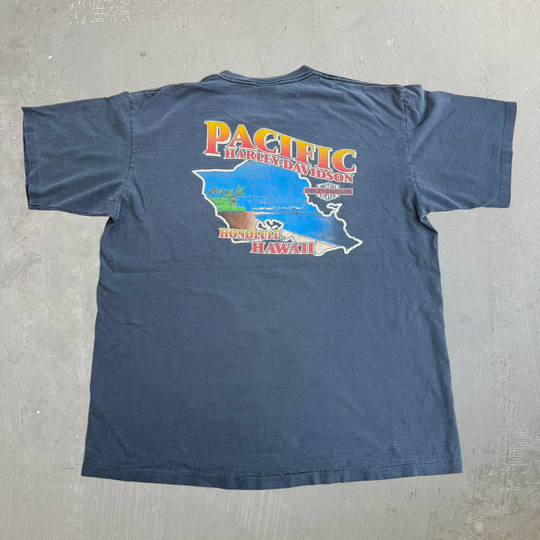 J- Vintage '93 Harley Davidson Honolulu Follow The Leader Graphic Made In USA Single Stitch Tee - XL