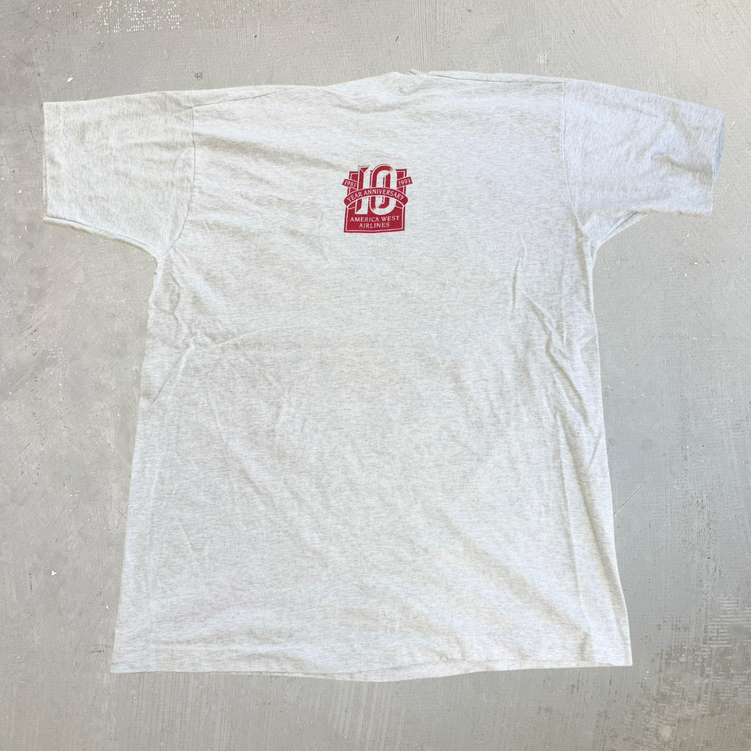 J- Vintage '93 America West Airline 10th Anniversary Airbus A320 Graphic Made In USA Single Stitch Tee - XL