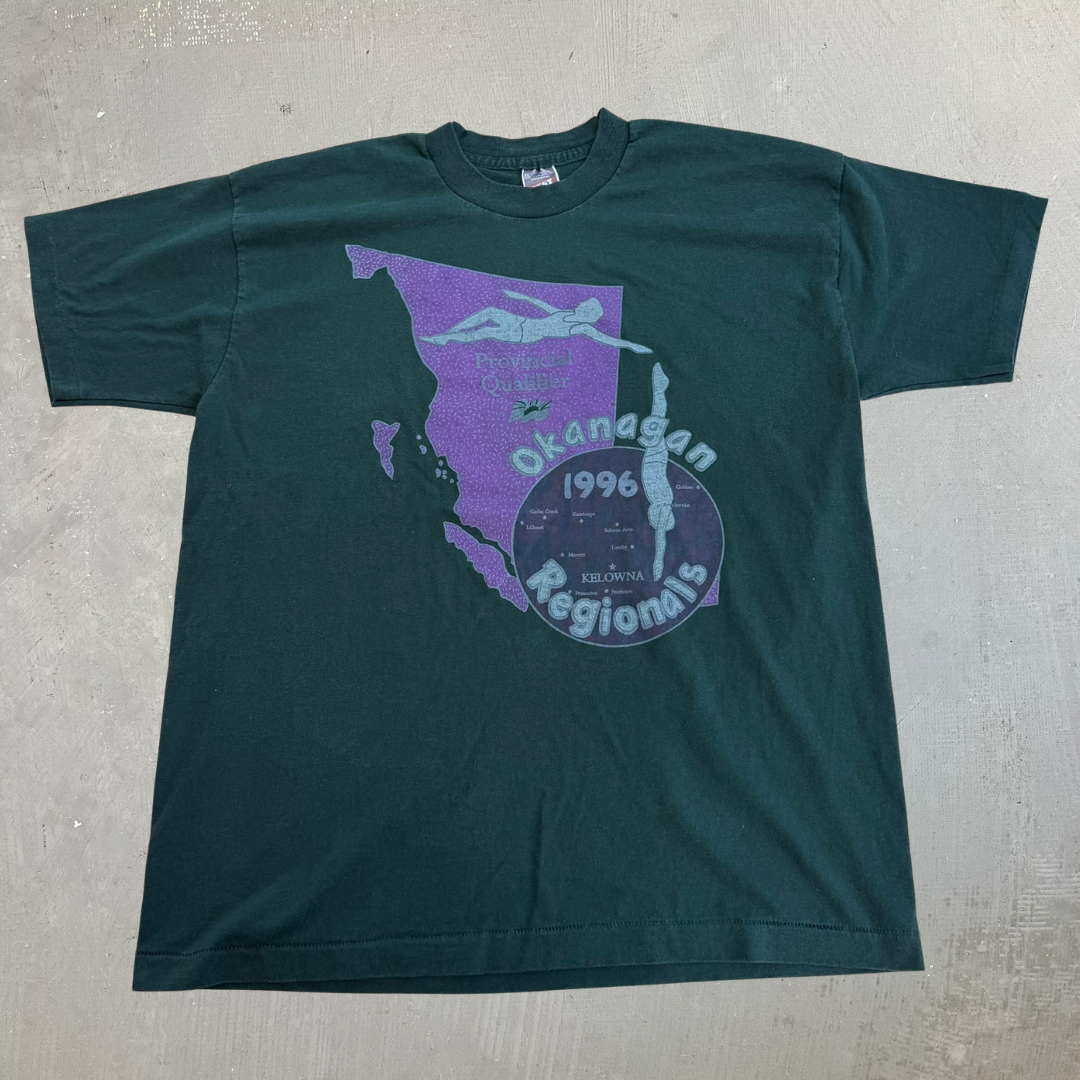 J- Vintage '96 Okanagan Swimming Provincial Qualifier Graphic Made In USA Single Stitch Tee - XL