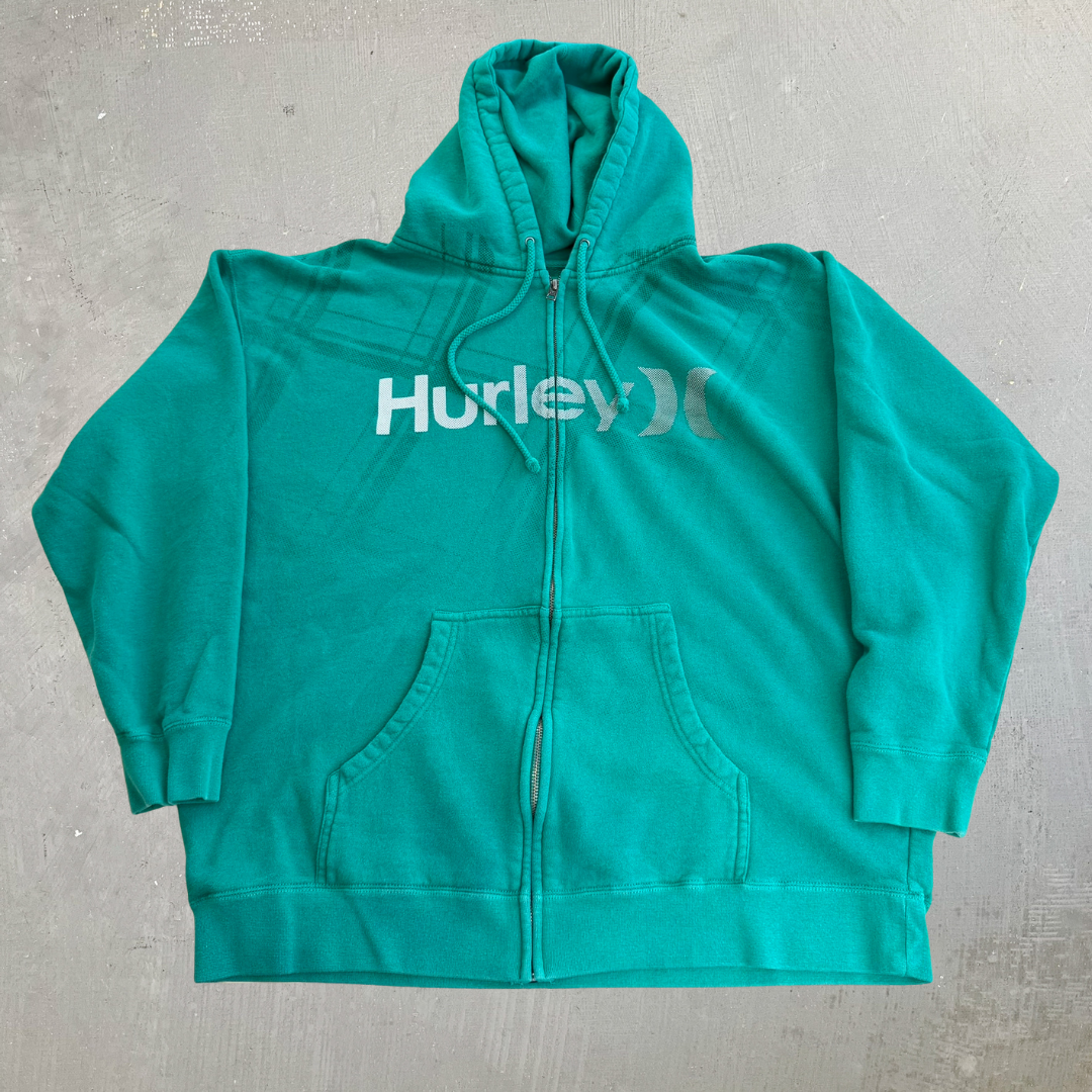 J- Vintage Hurley Logo Text Zip Up Hoodie - XL