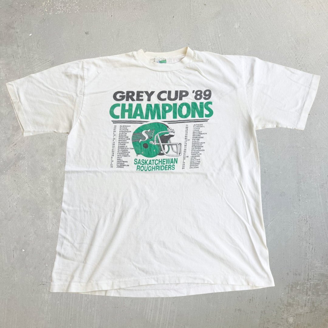 J- Vintage '89 Saskatchewan Roughriders CFL Grey Cup Champions Roster Graphic Single Stitch Tee - L