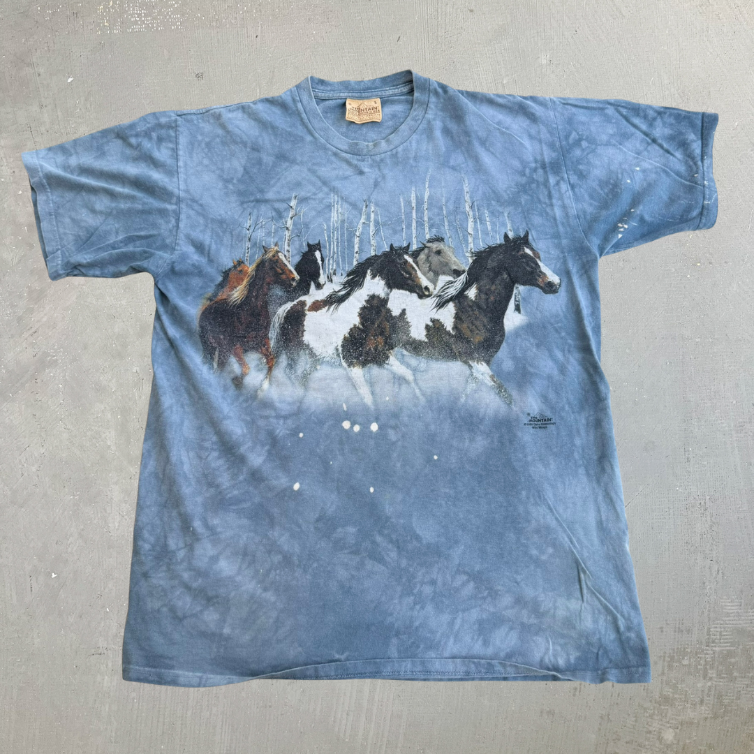 J- Vintage '99 The Mountain Horses In Forest Graphic Blue Acid Wash Tee - L