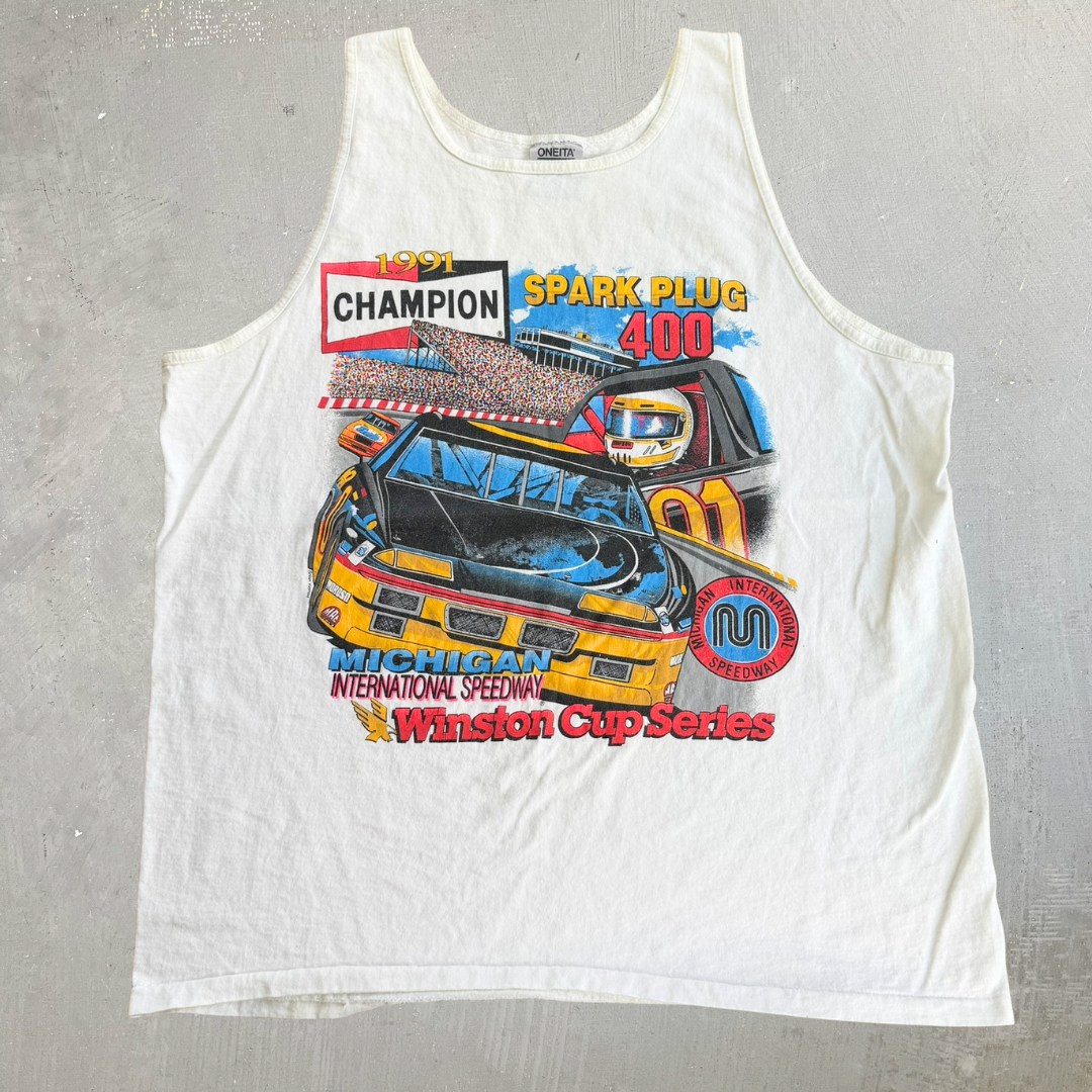 J- Vintage '91 Nascar Winston Cup Series Spark Plug 400 Graphic Made In USA Tank Top - XL