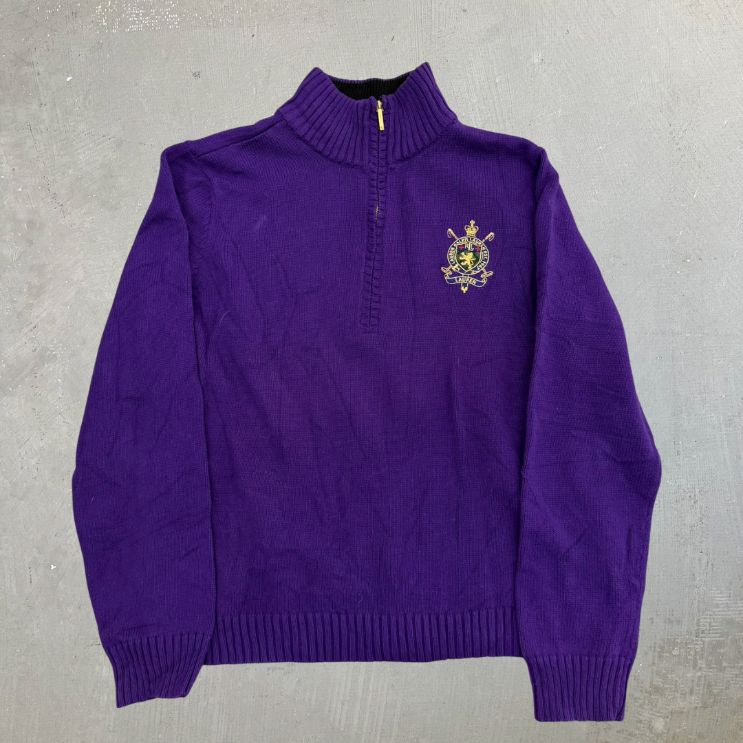 J- Vintage Women's Ralph Lauren LRL Embroidered Crest Quarter Zip Knit Sweater - XL