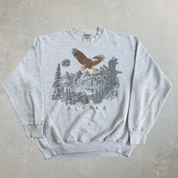Vintage 90s Alaska Eagle & Moon In Forest Animal Print Graphic Crewneck - XL