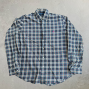J- Vintage Polo RL Embroidered Logo Grey/Pink Gingham Pattern Button Down Shirt - L