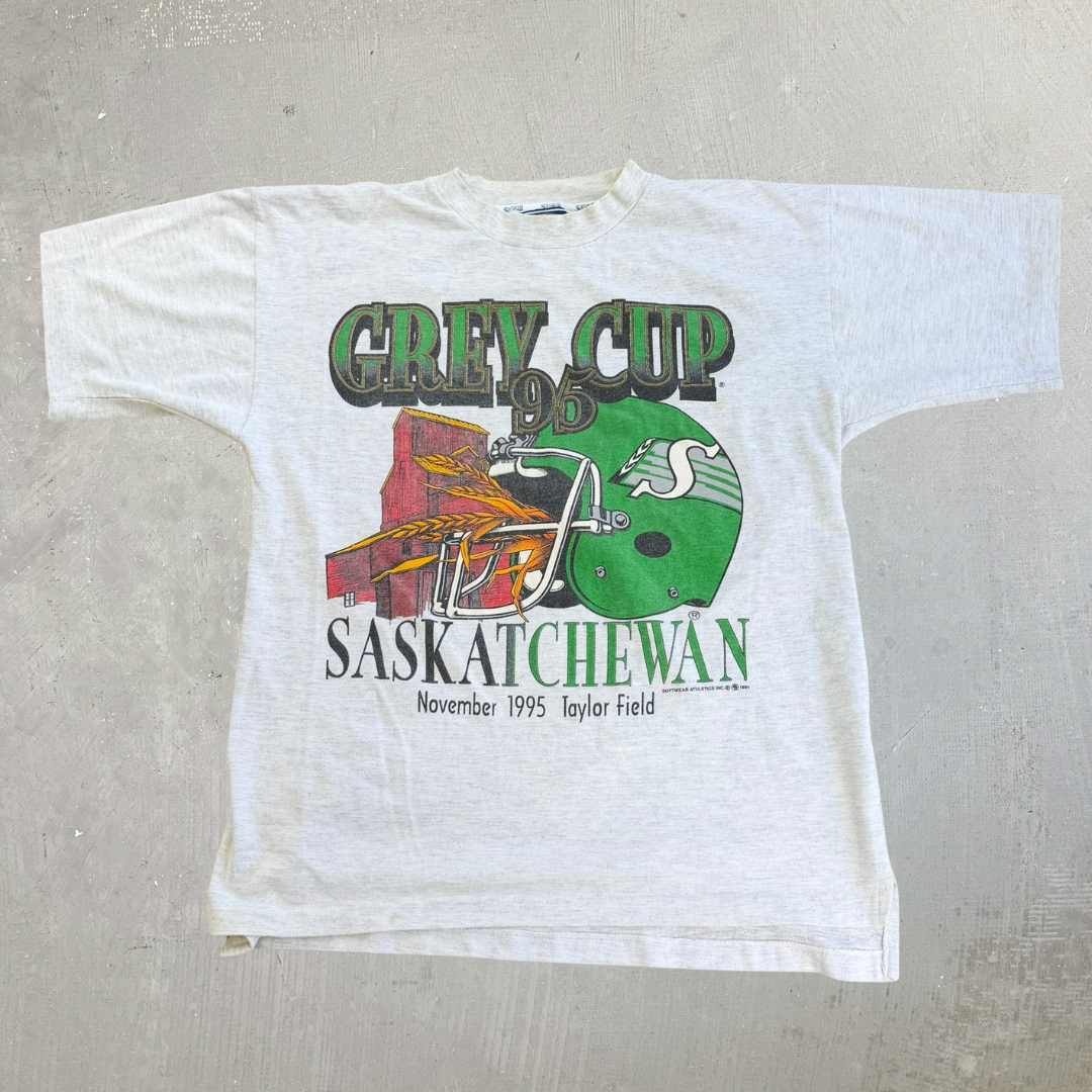 J- Vintage '95 CFL Grey Cup Saskatchewan Graphic Single Stitch Tee - M