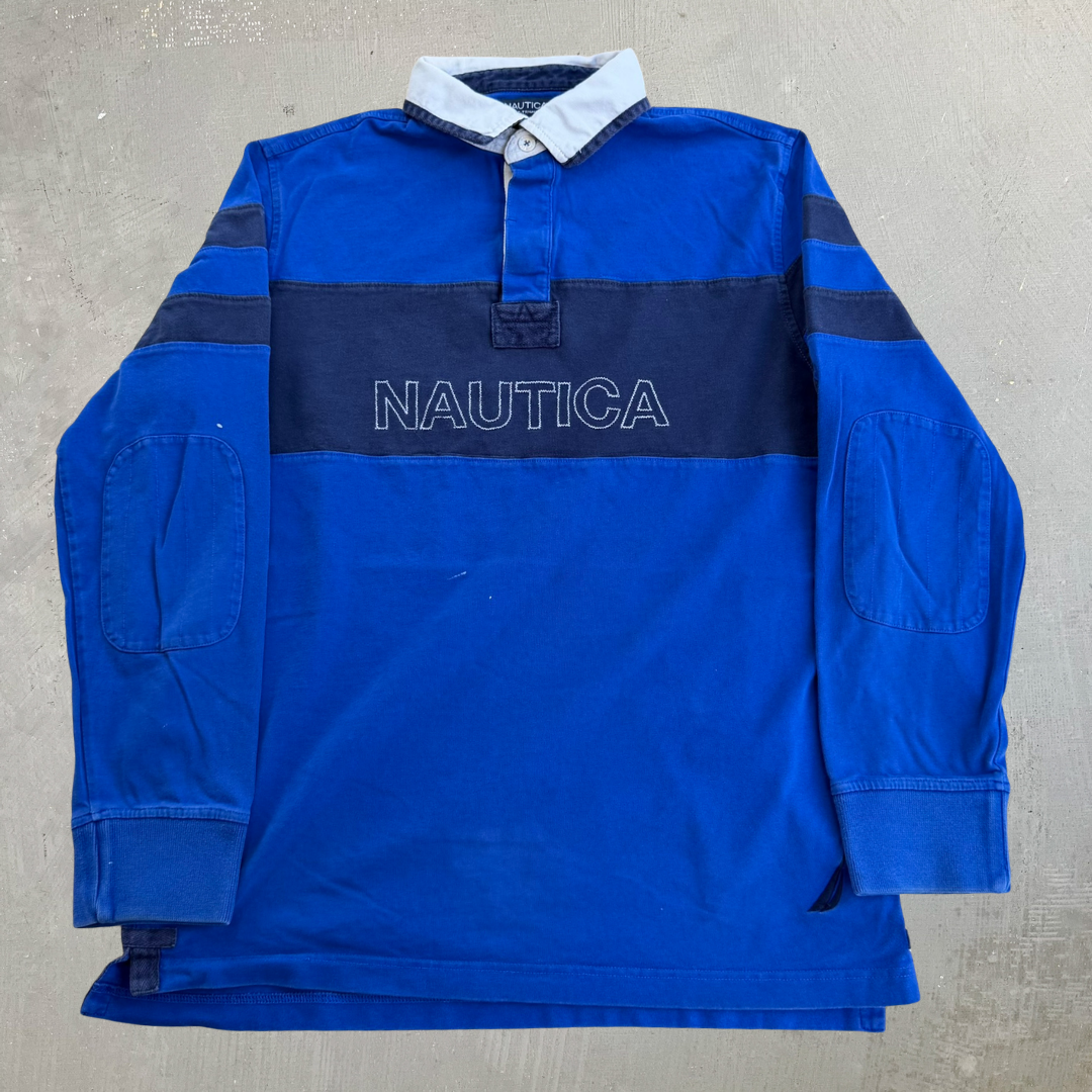 J- Vintage Nautica Embroidered Text Rugby Shirt - L