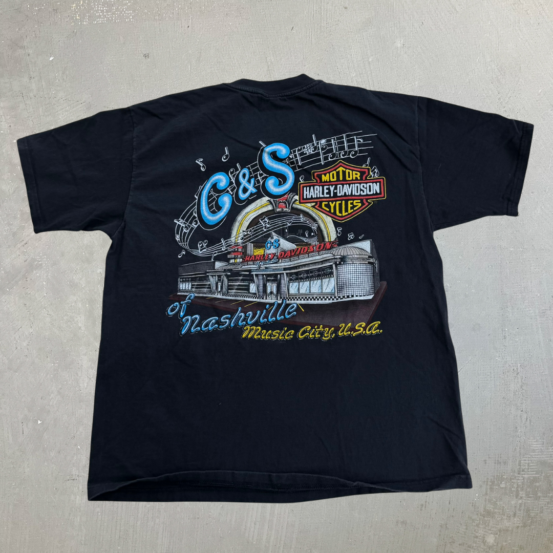 J- Vintage '95 Harley Davidson Nashville Graphic Made In USA Pocket Tee - L