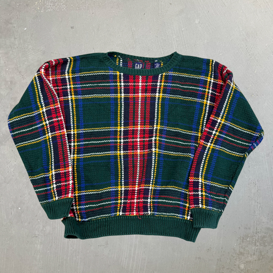 J- Vintage 90s Gap Plaid Pattern Dark Green Knit Sweater - S