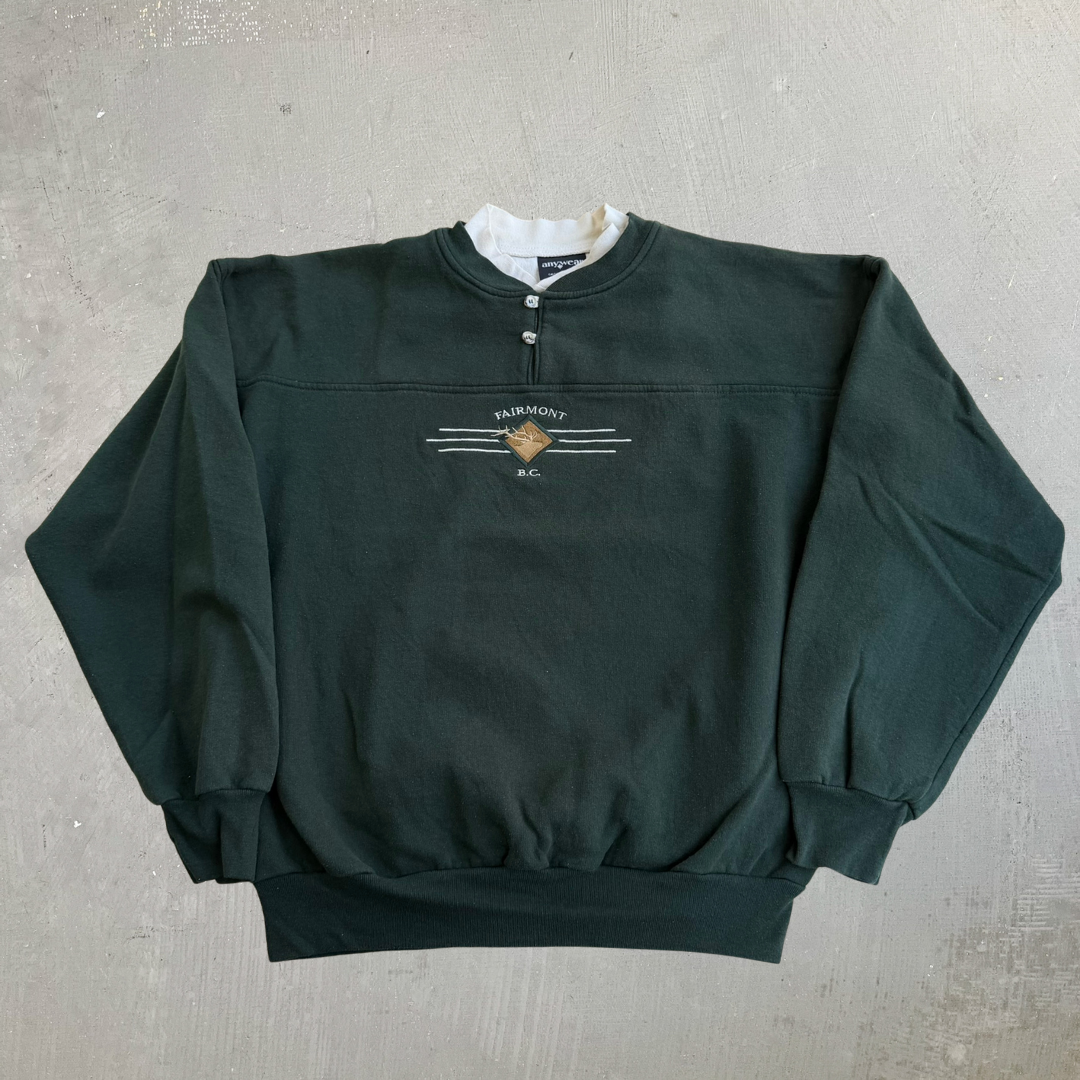J- Vintage Fairmont BC Canada Embroidered Graphic Henley Crewneck - XL