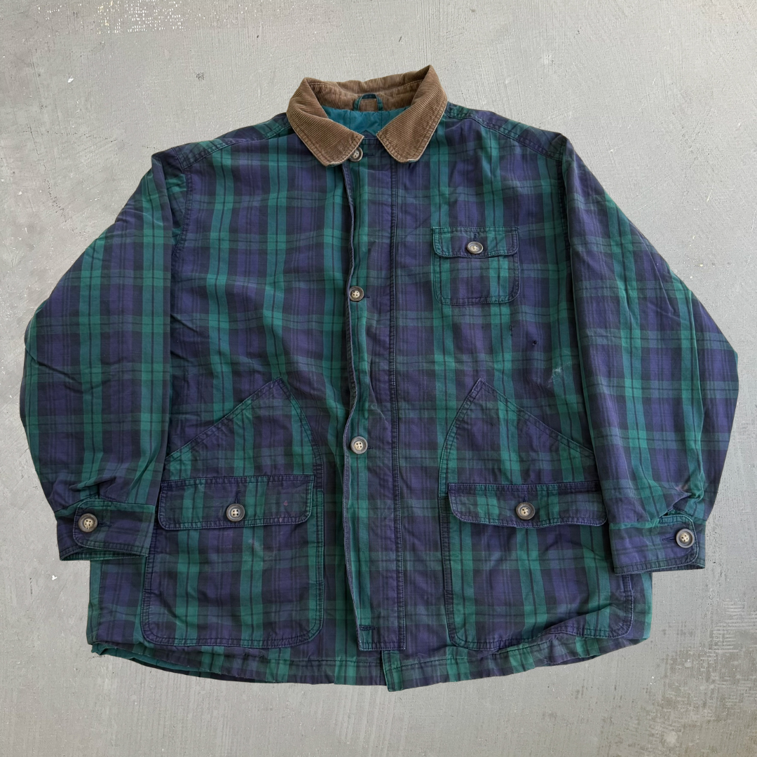 J- Vintage 90s Gap Black Watch Plaid Hunting Jacket - M