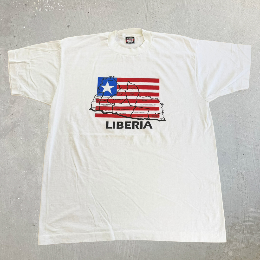 J- Vintage 90s Liberia Map & Flag Graphic Made In USA Single Stitch Tee - XL