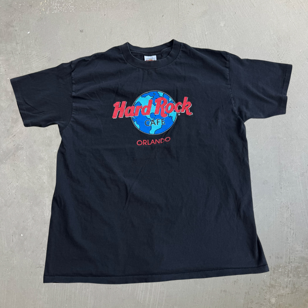 J- Vintage Hard Rock Cafe Orlando Text Graphic Made In USA Single Stitch Tee - XL