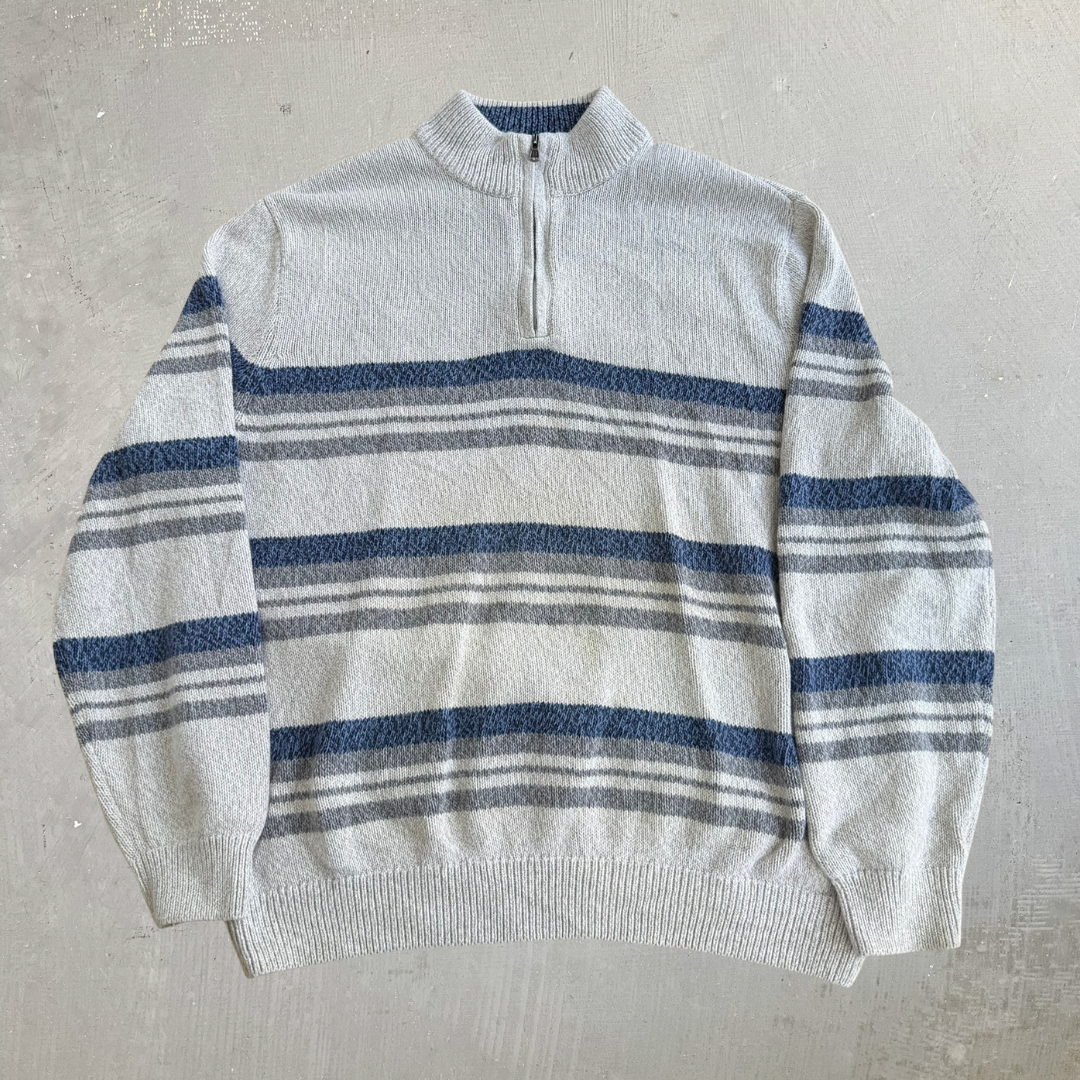 J- Vintage Chaps RL Grey/Blue Striped Quarter Zip Knit Sweater - XL