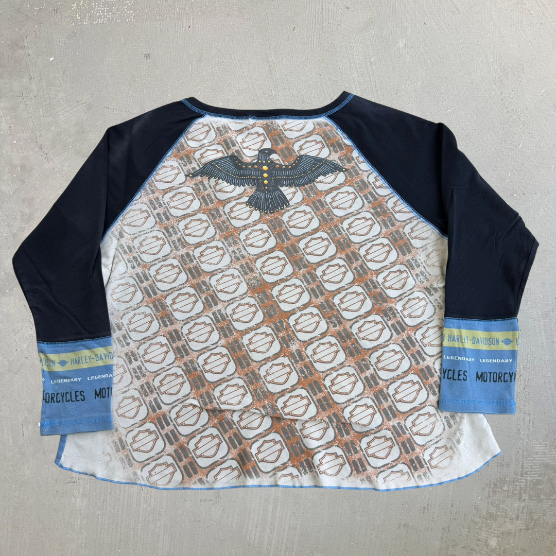 J- Vintage '03 Women's Harley Davidson Graphic & Text Cropped Long Sleeve Tee - 2W (fits Women's L)