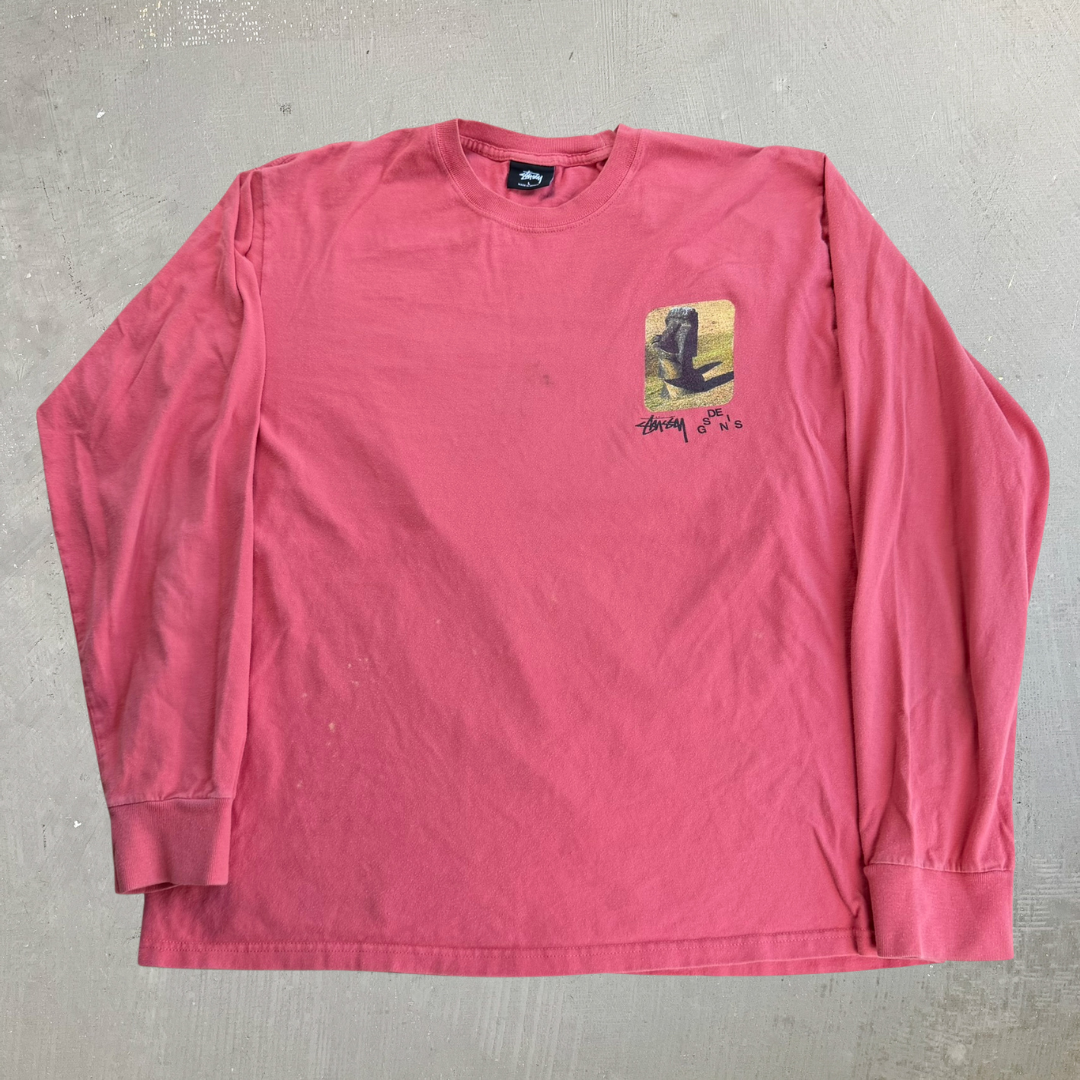 J- Stussy Design Easter Island Picture Graphic Long Sleeve Tee - L