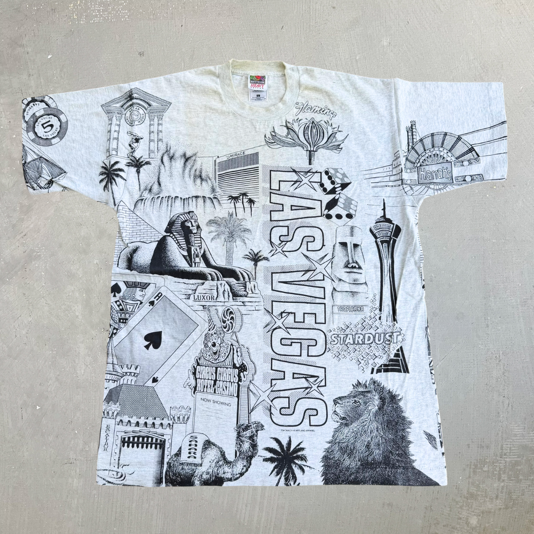 J- Vintage Las Vegas Hotels & Casino All Over Print Graphic Single Stitch Tee - L