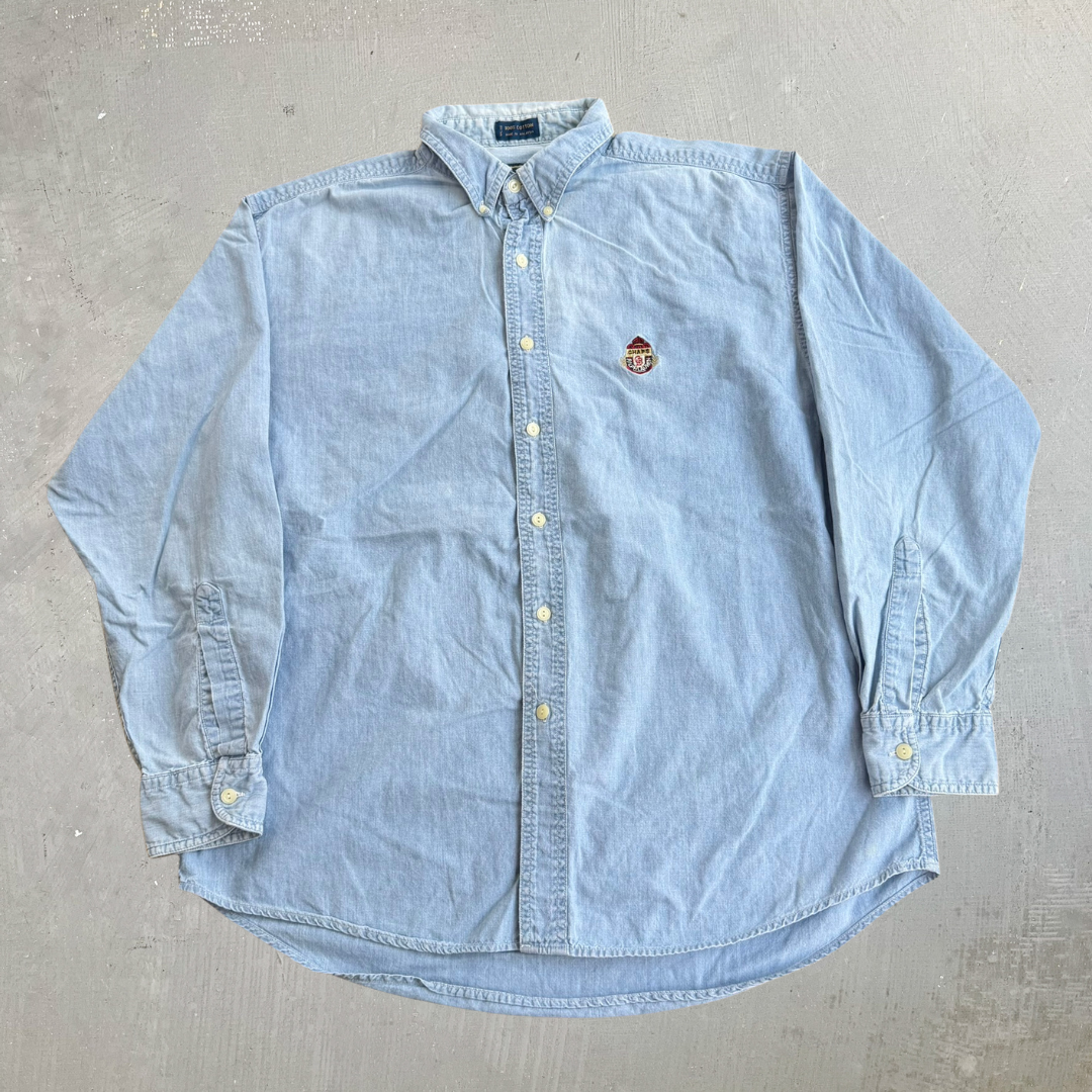J- Vintage Chaps RL Embroidered Crest Lightweight Denim Button Down Shirt - L