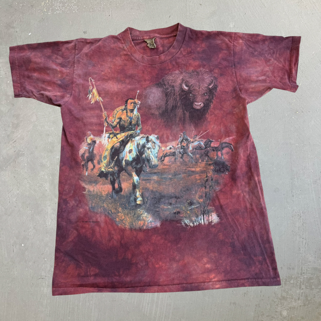 J- Vintage '97 The Mountain Bison & First Nations Graphic Maroon Acid Wash Made In USA Tee - L