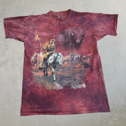 J- Vintage '97 The Mountain Bison & First Nations Graphic Maroon Acid Wash Made In USA Tee - L