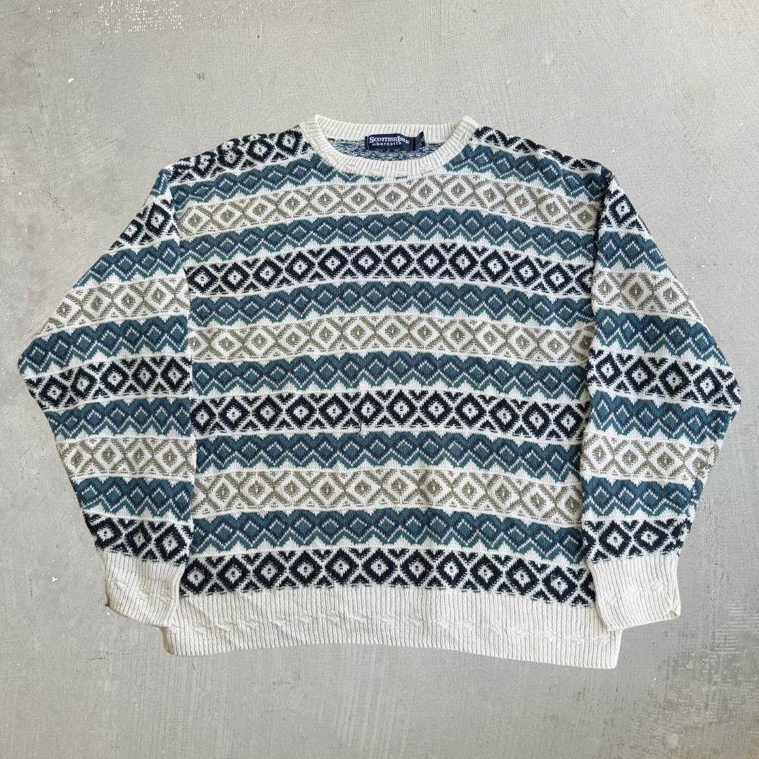 J- Vintage Scottish Isle Striped Pattern Made In USA Knit Sweater - XL