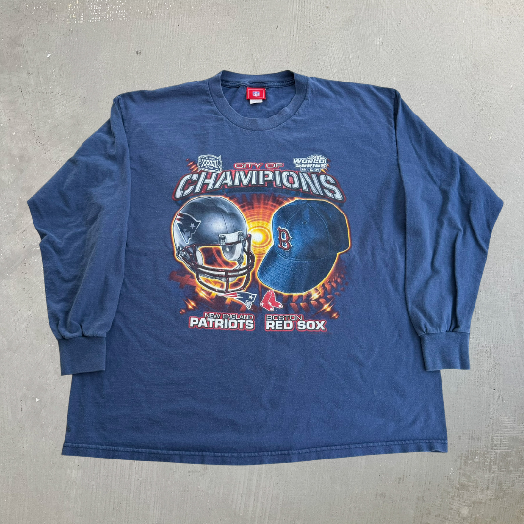 J- Vintage '04 Boston Red Sox New England Patriots NFL City Of Champions Graphic Long Sleeve Tee - L