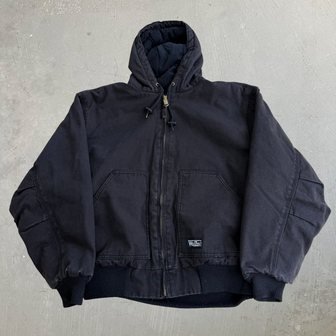 J- Vintage Walls Quilt Blanket Lined Faded Black Canvas Hooded Work Jacket - L