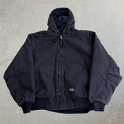 J- Vintage Walls Quilt Blanket Lined Faded Black Canvas Hooded Work Jacket - L