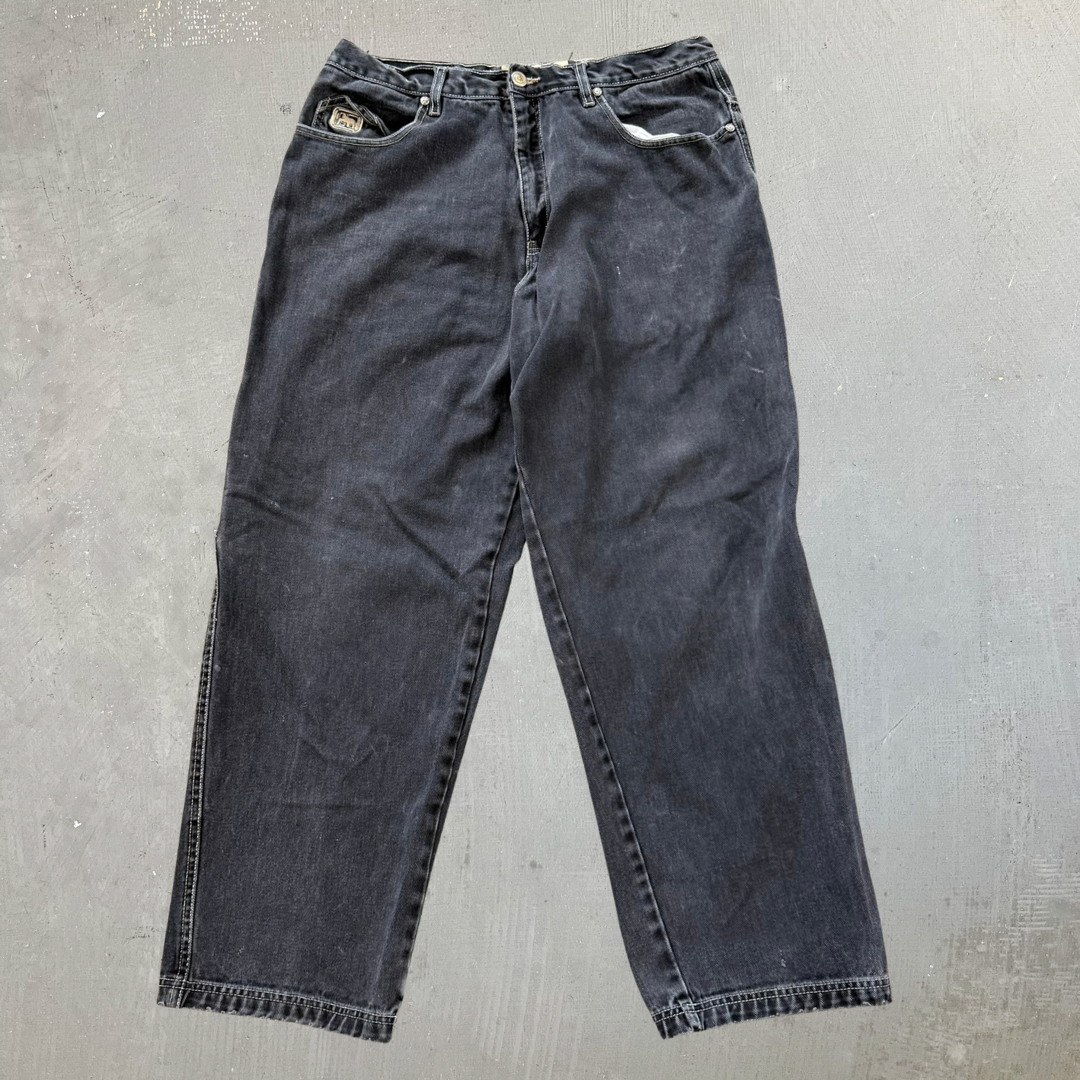 Vintage Exco Jeans Logo Faded Black Wide Leg Jeans - 35x29