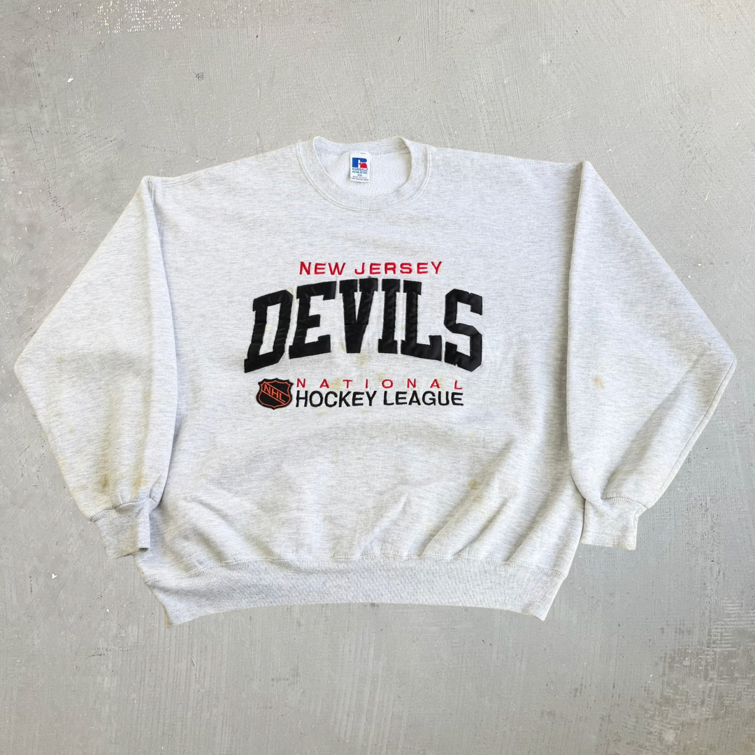 Vintage 90s New Jersey Devils NHL Russell Embroidered Graphic Made In USA Crewneck - 2XL