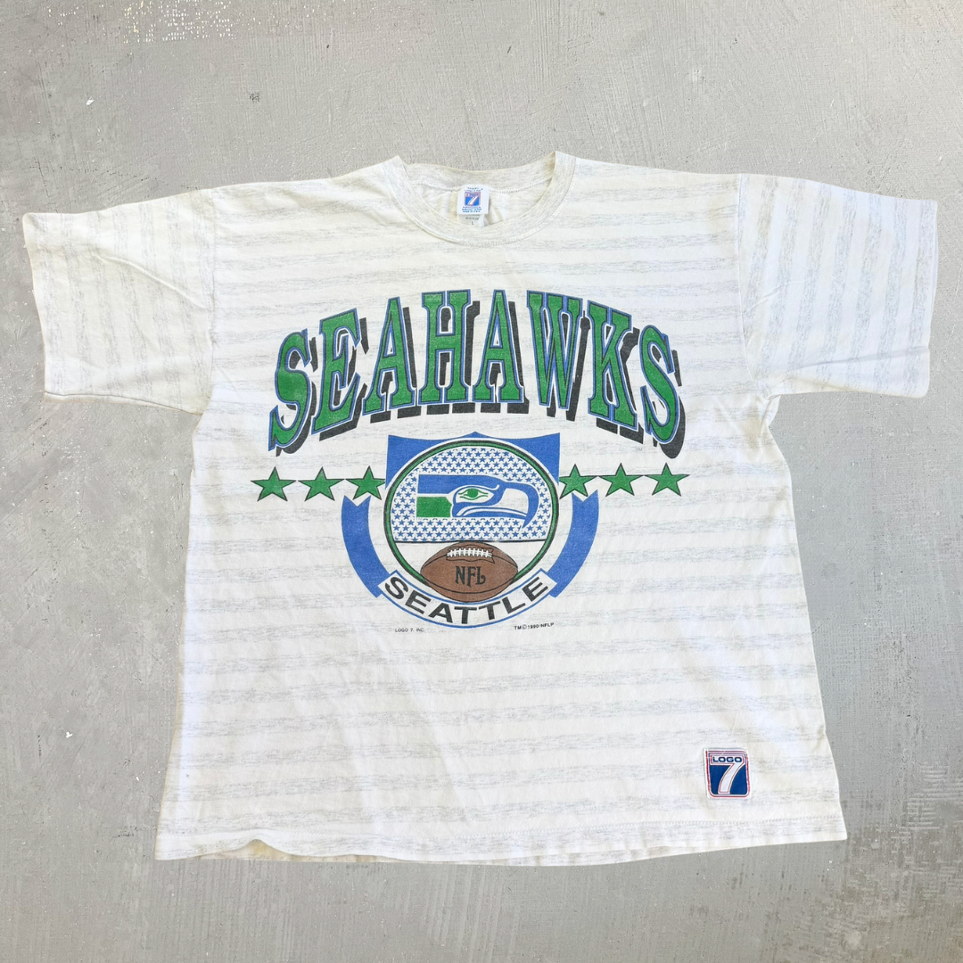 J- Vintage '90 Seattle Seahawks NFL Logo 7 Graphic Made In USA Single Stitch Tee - L