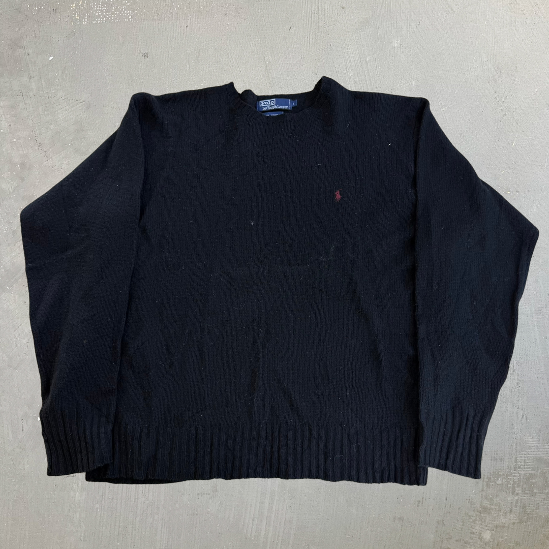 J- Vintage 90s Polo RL Embroidered Logo Black Wool Knit Sweater - L