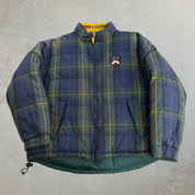J- Vintage 90s Tommy Hilfiger Navy Plaid & Green Reversible Puffer Winter Jacket - XL